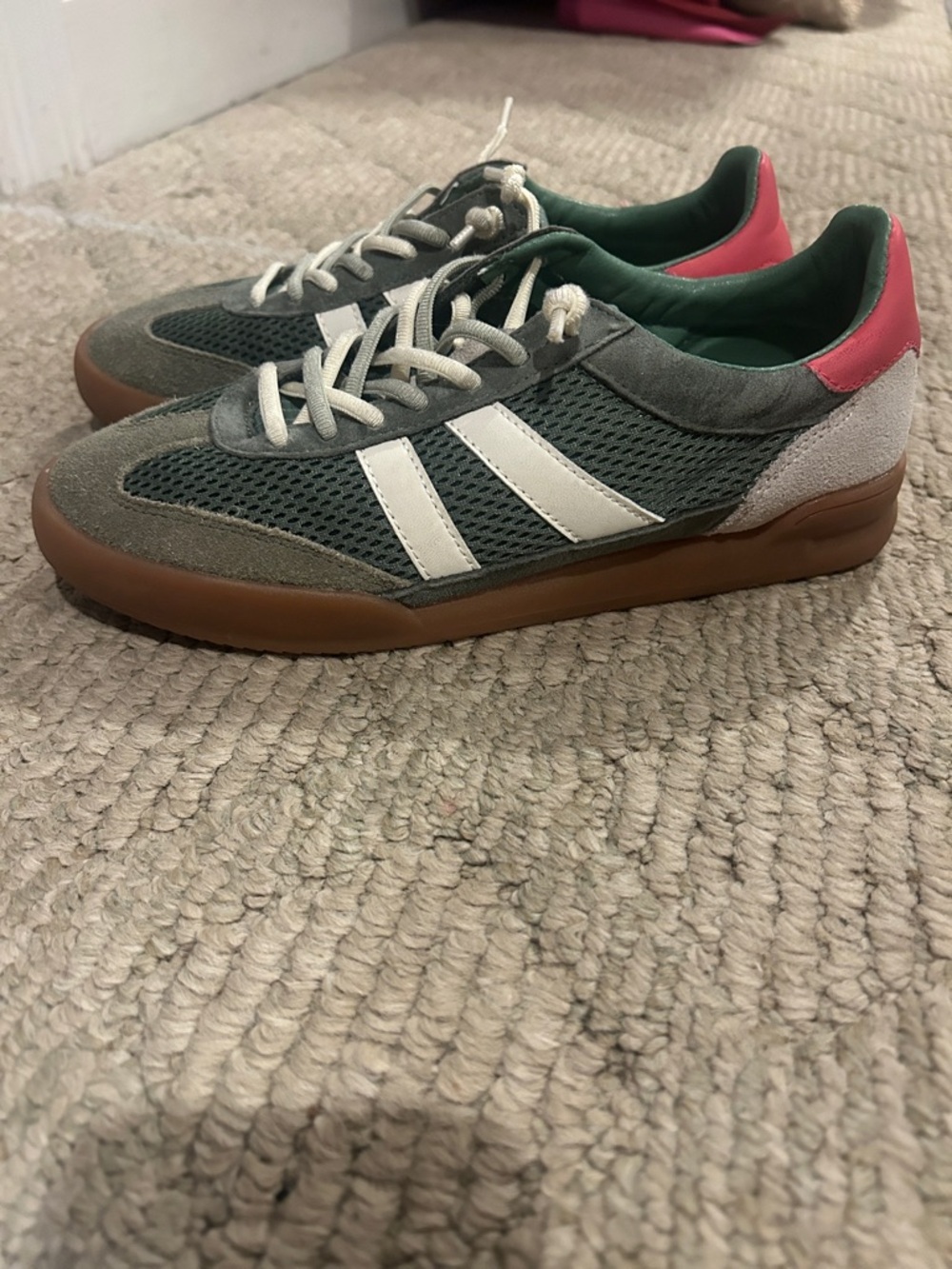 Steve Madden Olive Mesh & Suede Sneakers with Gum Sole and Pink Heel - Picture 2 of 10